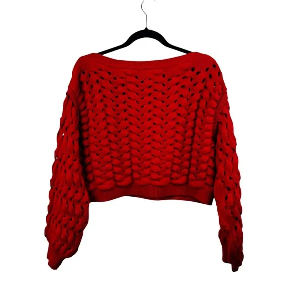 Alice + Olivia Bright Ruby Red Allene Cable Stitch Chunky Wool Sweater Sz. SP - Picture 4 of 11